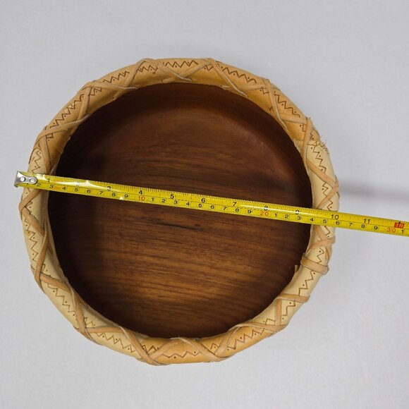 Wood Bowl 12" Leather Overlay Handmade Possibly Native American Round Wooded - Picture 9 of 14